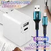TOPCOM Type-C(PD)+USB雙孔快充充電器+CITY勇固Micro USB編織快充線-150cm-藍 藍色
