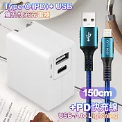 TOPCOM Type-C(PD)+USB雙孔快充充電器+CITY 勇固iPhone Lightning-150cm-藍 藍色