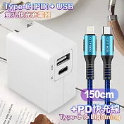 TOPCOM Type-C(PD)+USB雙孔快充充電器+CITY勇固Type-C to Lightning(iPhone)編織快充線-150cm-藍 藍色