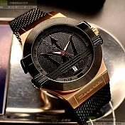 MASERATI瑪莎拉蒂精品錶,編號：R8853108010,42mm六角形玫瑰金精鋼錶殼黑色錶盤米蘭深黑色錶帶