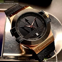 MASERATI瑪莎拉蒂精品錶，編號：R8853108010，42mm六角形玫瑰金精鋼錶殼黑色錶盤米蘭深黑色錶帶