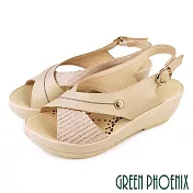 【GREEN PHOENIX】女 涼鞋 交叉 金屬釦 全真皮 厚底 楔型 台灣製 JP24 卡其色