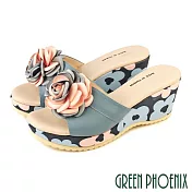 【GREEN PHOENIX】女 拖鞋 玫瑰 全真皮 輕量 厚底 楔型 台灣製 JP25 淺灰色