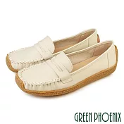 【GREEN PHOENIX】女 莫卡辛 休閒鞋 便鞋 一字帶 全真皮 平底 台灣製 US5.5 米色