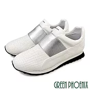 【GREEN PHOENIX】女 休閒鞋 國際精品 胎牛皮 編織 彈性帶 厚底 西班牙原裝 EU38 白色