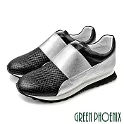 【GREEN PHOENIX】女 休閒鞋 國際精品 胎牛皮 編織 彈性帶 厚底 西班牙原裝 EU36 黑色