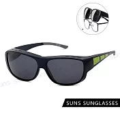 【SUNS】包覆式太陽眼鏡 防滑腳/可套近視眼/可單戴 PC防爆鏡片 S03 黑框綠腳