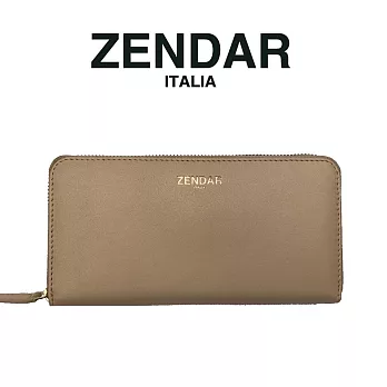 【ZENDAR】限量1折 頂級小羊皮金標拉鍊皮夾 黛安娜系列 全新專櫃展示品 (奶杏色)