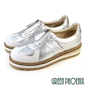 【GREEN PHOENIX】女 休閒鞋 國際精品 胎牛皮 英倫風 鬆糕 厚底 西班牙原裝 EU36 銀色