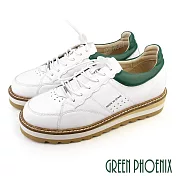 【GREEN PHOENIX】女 休閒鞋 國際精品 胎牛皮 運動風 鬆糕 厚底 西班牙原裝 EU35 綠色