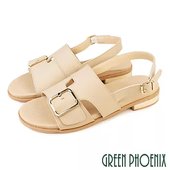 【GREEN PHOENIX】女 涼鞋 皮帶釦 寬版 全真皮 平底 台灣製 JP22.5 卡其色