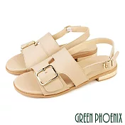 【GREEN PHOENIX】女 涼鞋 皮帶釦 寬版 全真皮 平底 台灣製 JP23.5 卡其色