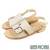 【GREEN PHOENIX】女 涼鞋 皮帶釦 寬版 全真皮 平底 台灣製 JP23 淺灰色