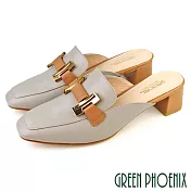 【GREEN PHOENIX】女 穆勒鞋 半拖鞋 馬銜釦 全真皮 粗跟 中跟 方頭 台灣製 US6 灰色