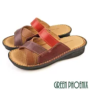 【GREEN PHOENIX】女 拖鞋 交叉 拼接 吸震 減壓 全真皮 小坡跟 厚底 台灣製 EU35 紅色