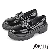 【Pretty】女 樂福鞋 休閒皮鞋 英倫 學院風 鍊條 鋸齒 厚底 EU38 黑亮