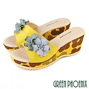 【GREEN PHOENIX】女 拖鞋 花朵 全真皮 輕量 厚底 楔型 台灣製 JP24 黃色