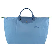 LONGCHAMP LE PLIAGE GREEN系列刺繡短把再生尼龍摺疊旅行袋(小) 雷雨藍