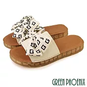 【GREEN PHOENIX】女 拖鞋 全真皮 蝴蝶結 寬版 平底 JP22.5 米色
