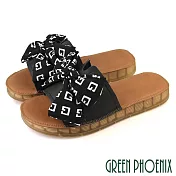 【GREEN PHOENIX】女 拖鞋 全真皮 蝴蝶結 寬版 平底 JP22.5 黑色