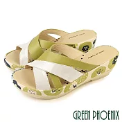 【GREEN PHOENIX】女 拖鞋 全真皮 厚底 楔型 牛皮 台灣製 JP23 銀色