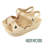 【GREEN PHOENIX】女 涼鞋 全真皮 厚底 楔型 輕量 牛皮 台灣製 JP26 米色