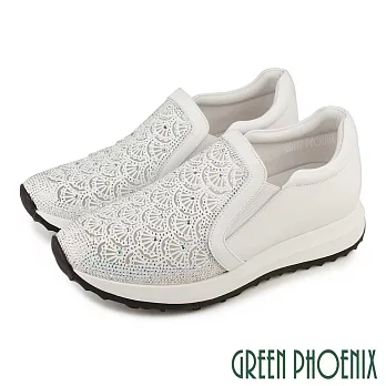 【GREEN PHOENIX】女 休閒鞋 懶人鞋 全真皮 厚底 水鑽 EU37 白色