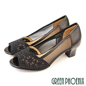 【GREEN PHOENIX】女 中跟鞋 魚口鞋 真皮 露趾 透視 水鑽 EU34 黑色