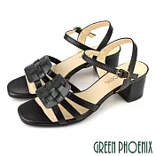 【GREEN PHOENIX】女 涼鞋 粗高跟 全真皮 牛皮 編織 台灣製 US9 黑色