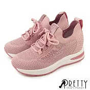 【Pretty】女 休閒鞋 水鑽 針織 襪套式 綁帶 厚底 內增高 EU38 粉紅色
