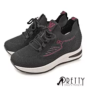 【Pretty】女 休閒鞋 水鑽 針織 襪套式 綁帶 厚底 內增高 EU40 黑色