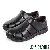 【GREEN PHOENIX】男 涼鞋 休閒鞋 便鞋 全真皮 牛皮 鏤空 台灣製 JP25 黑色6