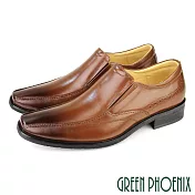 【GREEN PHOENIX】男 紳士皮鞋 商務皮鞋 方頭 渲染 雷射雕花 直套式 全真皮 台灣製 EU40 棕色