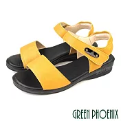 【GREEN PHOENIX】女 涼鞋 一字帶 沾黏 全真皮 小坡跟 厚底 顯瘦 EU40 黃色
