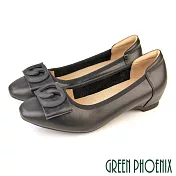 【GREEN PHOENIX】女 娃娃鞋 包鞋 全真皮 內增高 蝴蝶結 通勤 上班 EU40 黑色