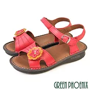 【GREEN PHOENIX】女 涼鞋 厚底 全真皮 牛皮 沾黏式 花 台灣製 EU35 紅色