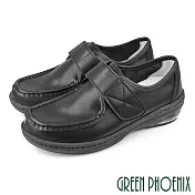 【GREEN PHOENIX】女 護士鞋 休閒鞋 全真皮 魔鬼氈 沾黏式 平底 氣墊 台灣製 EU38 黑色