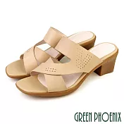【GREEN PHOENIX】女 拖鞋 方頭 粗跟 高跟 全真皮 小羊皮 EU38 杏色
