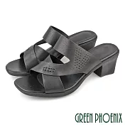 【GREEN PHOENIX】女 拖鞋 方頭 粗跟 高跟 全真皮 小羊皮 EU35 黑色