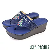 【GREEN PHOENIX】女 拖鞋 厚底 楔型 夾腳 全真皮 水鑽 EU39 深藍色