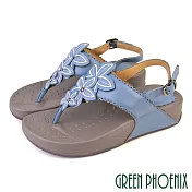 【GREEN PHOENIX】女 涼鞋 夾腳 厚底 彈力 全真皮 羊皮 EU37 藍色