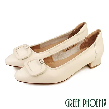 【GREEN PHOENIX】女 娃娃鞋 包鞋 全真皮 粗跟 低跟 OL 通勤 上班 EU34 米色