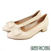 【GREEN PHOENIX】女 娃娃鞋 包鞋 全真皮 粗跟 低跟 OL 通勤 上班 EU38 米色