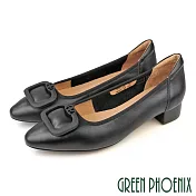 【GREEN PHOENIX】女 娃娃鞋 包鞋 全真皮 粗跟 低跟 OL 通勤 上班 EU35 黑色