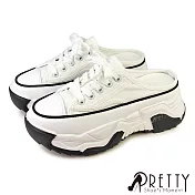 【Pretty】女 休閒拖鞋 老爹 穆勒鞋 帆布鞋 運動風 厚底 顯瘦 增高 JP23.5 白色3