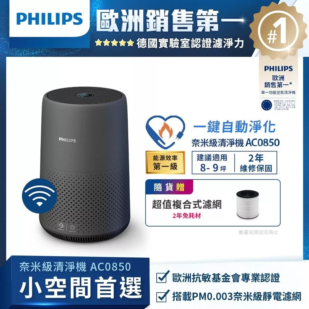 【飛利浦 PHILIPS】奈米級空氣清淨機(AC0850)