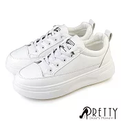 【Pretty】女 小白鞋 休閒鞋 皮革 厚底 增高 免綁帶 EU36 白色