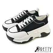 【Pretty】女 休閒鞋 帆布鞋 厚底 增高 顯瘦 奶油頭 綁帶 EU38 黑色4