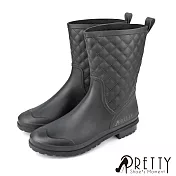【Pretty】女 雨靴 雨鞋 短靴 菱格紋 防水 短筒 EU40 黑色