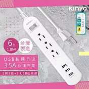 【KINYO】6呎1.8M 延長線3P1開3插3USB快充3.5A(CGU313-6)台灣製造‧新安規